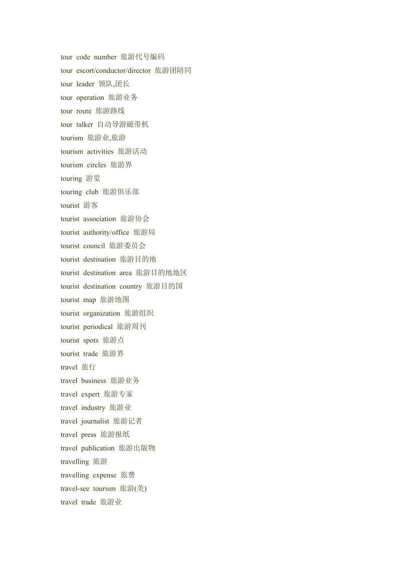 旅游專業英語詞匯表